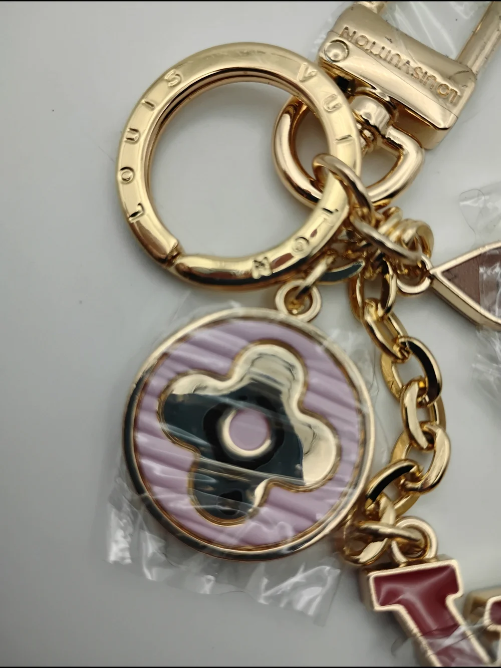 Louis Vuitton Red & Gold-Tone Keychain Charm With Pink and Brown Accents BNWOT